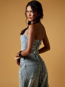 MISSGUIDED 铆钉牛仔抹胸紧身胸衣上衣节日俱乐部服装 Y2K 复古街头服饰西部牛仔女郎夏季露肩短款设计 - 藍色 - 查看 2