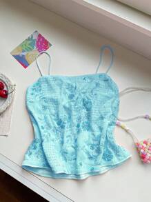 SHEIN EZwear Áo hai dây hở lưng đính hạt mùa hè dành cho nữ, thích hợp mặc trong ngày lễ - Màu xanh lam - Xem 6