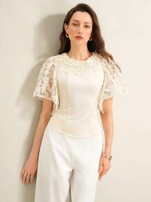 SHEIN Clasi Blusa ajustada de mujer con mangas acampanadas, de encaje bordado y malla, elegante, para el verano - Albaricoque - Ver 4