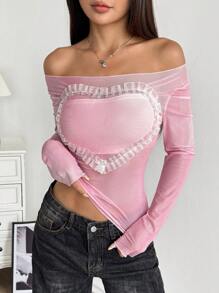 Blouse ajustée sexy, transparente, avec une seule épaule et des détails de volants sur la manche longue