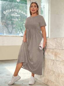 SHEIN Essnce Vestido de manga corta largo con tiras en la cintura y bolsillos, de unicolor de moda casual de verano para mujer de talla grande