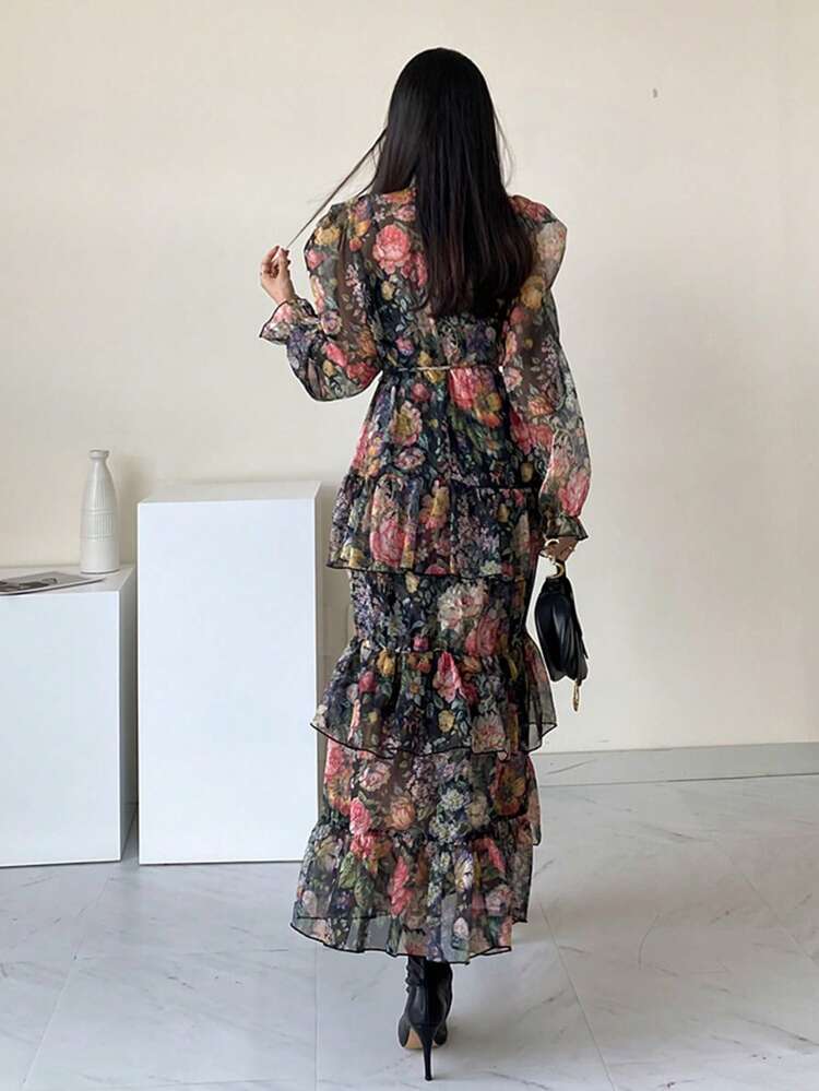 1 pieza Vestido elegante de manga larga con cuello de volantes y estampado floral para mujer, ropa de otoño y atuendos de vacaciones estilo bohemio