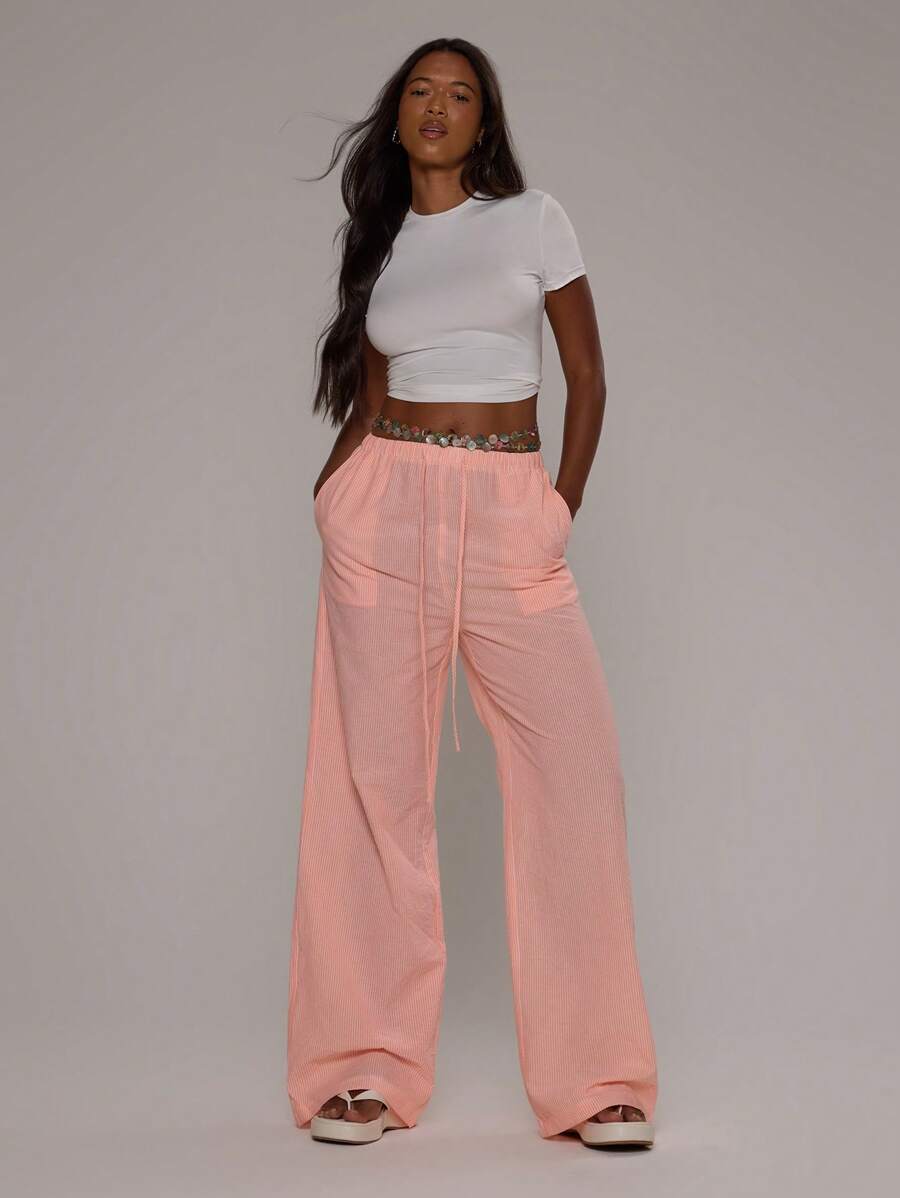 MUSERA Summer Textured Linen Feel Tie Waist Trousers Vacation Holiday Airport Beach Casual - Orange - View 1