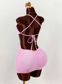 Amplova Party Dress Gold Dress  Christmas Women's Clothing Women's Solid Color Minimalist Everyday Cross-Tie Mini Dress - Pink - View 1