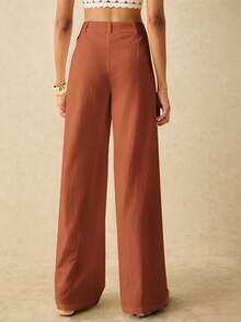 Poéselle Women's Casual Solid Color Zip Front Straight Leg Pants - Brown - View 5