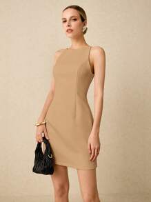 Poéselle Women Solid Color Minimalist Sleeveless Zipper Back Mini Dress - Khaki - View 5