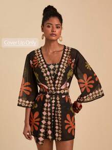 Travachic 全身印花V领系带休闲度假和服罩衫，夏季服装，女士夏季服装，女士泳衣