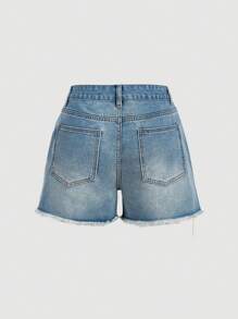 SHEIN MOD MOD 女式樱桃刺绣做旧口袋休闲牛仔短裤 - 淺色水洗藍 - 查看 2