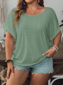 SHEIN VCAY Camiseta Casual de Praia Solta e Sem Costas em Malha Jacquard Branca com Decote Redondo para Plus Size - Verde - Visão 2