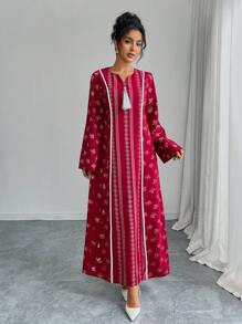 SHEIN Najma Red Faux Embroidered Tassel Modest Arabic Dress - Red - View 7