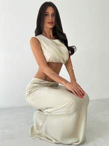 Firerie Women's Elegant Sophisticated Romantic Fashion New Holiday Party Music Festival Daily Draped Lapel Sleeveless Cropped Shirt Top And Low Waist Pleated Super Long Skirt Apricot 2 Pieces Set - Apricot - View 4