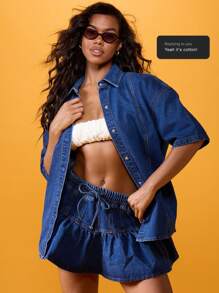 MISSGUIDED Conjunto coordenado jeans oversized para festival de verão, minissaia com babados, botões, manga curta, primavera, férias, praia, casual, duas peças - Lavagem Média - Ver 9