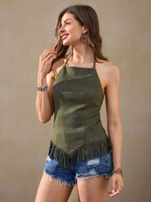 Wildy Women's Summer Western Rustic Casual Suede Fringe Halter Crop Top Western Halter Top Vacation Tops Hippie Rave Outfits Concert - Army Green - View 4
