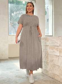 SHEIN Essnce Vestido de manga corta largo con tiras en la cintura y bolsillos, de unicolor de moda casual de verano para mujer de talla grande