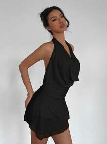 Aloruh Women Solid Color Draped Neck Sleeveless Short Dress