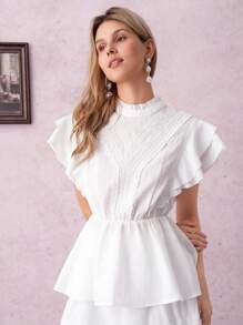 SHEIN Clasi 女士优雅蕾丝荷叶边领衬衫，适合日常穿着、约会、下午茶、度假、返校、感恩节、万圣节