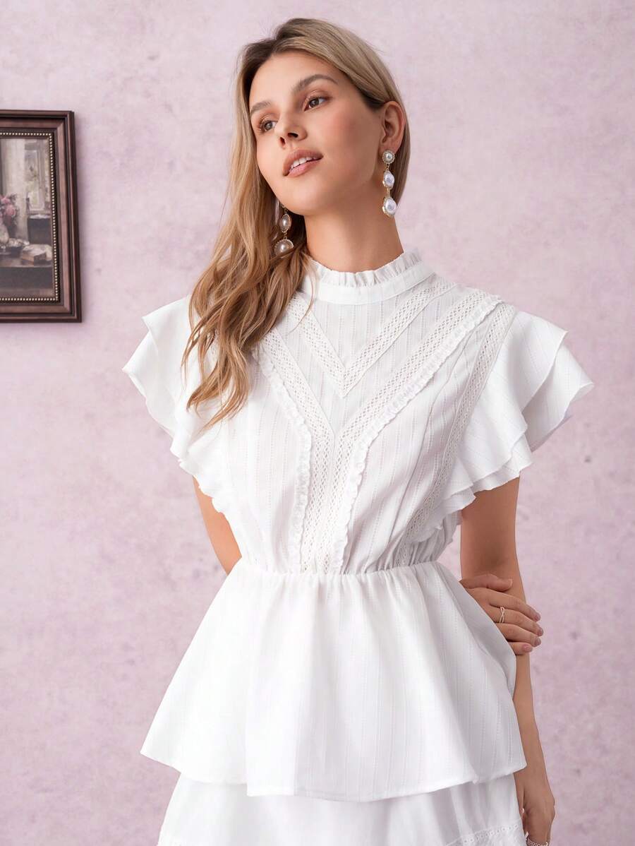 SHEIN Clasi 女士优雅蕾丝荷叶边领衬衫，适合日常穿着、约会、下午茶、度假、返校、感恩节、万圣节