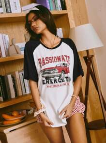 SHEIN T-shirt ample imprimé voiture, très populaire en Europe et en Amérique, haut de pyjama d'été