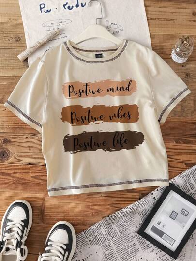 Attitoon 休闲“积极心态”简约设计撞色缝线圆领短袖修身短款女式 T 恤