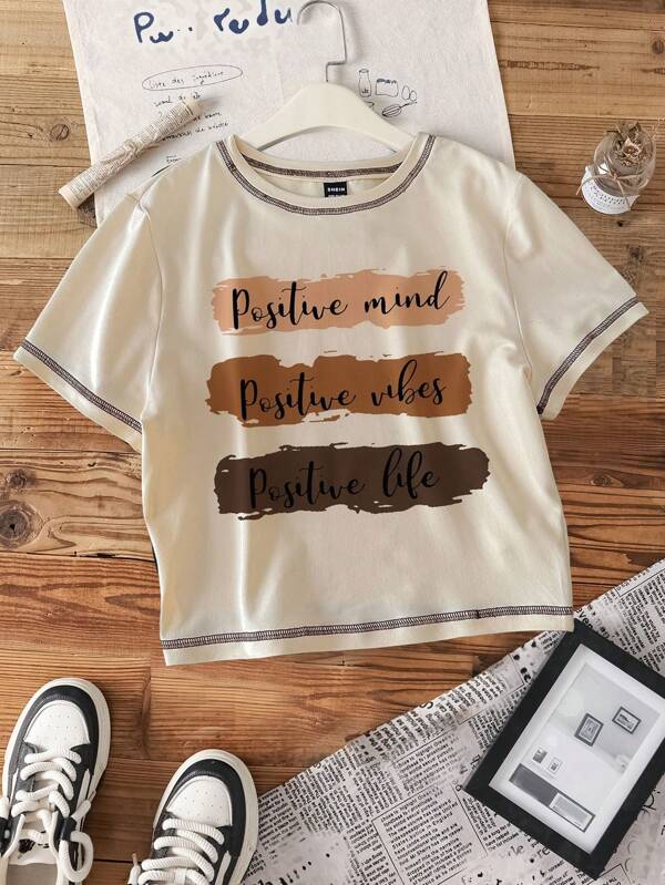 Attitoon 休闲“积极心态”简约设计撞色缝线圆领短袖修身短款女式 T 恤