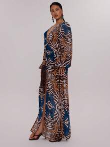 MUSERA 深V领宽松流苏开衩斑马纹长袖连衣裙，春夏秋季度假优雅婚礼宾客优雅约会之夜秋季长裙 - 藍色 - 查看 4