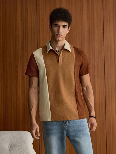 SWAVVY 男士拼色 Polo 衫，休闲拼色纽扣衬衫，适合外出，送给朋友