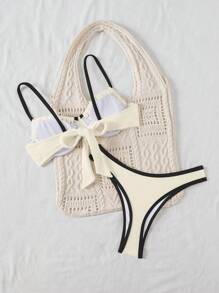 Swim Basics Women's Contrast Color Trim Twist Front Bikini Set For Summer Beach Vacation