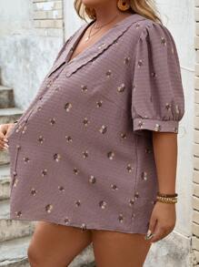 SHEIN CURVE+ Áo sơ mi nữ cỡ lớn tay phồng in họa tiết, áo sơ mi nữ cỡ lớn không cài cúc, thích hợp mặc đi biển/đi biển/nghỉ mát biển/đồ cần thiết khi đi biển/lễ tốt nghiệp/tiệc trà mùa hè/phong cách đồng quê/kỳ nghỉ biển/bãi biển/trang phục đi biển - Nhiều màu - Xem 4