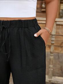 SHEIN LUNE 加大码女式抽绳腰口袋舒适休闲短裤海滩度假女士机场黑色短裤女士休闲短裤夏季