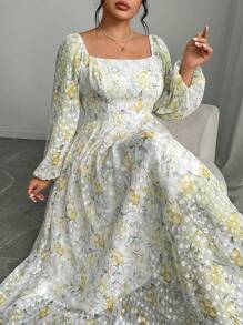 Modelyn 大码女式春装度假花卉印花方领灯笼袖收腰瑞士圆点长裙 - 黃色 - 查看 4