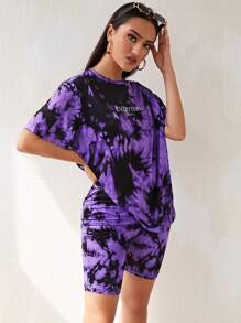 SHEIN EZwear Tie Dye & Letter Graphic Tee & Biker Shorts Set