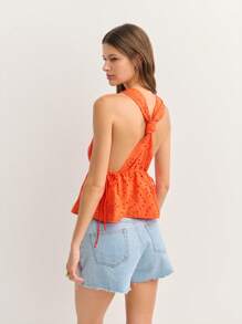 Nöista 镂空露背吊带上衣，饰有闪亮滚边和褶皱腰身，适合7月4日和温暖天气的派对 - 橘色 - 查看 2