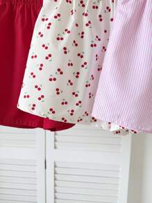 3pcs/Set Tween Girl Cherry Print Loose Casual Pink Striped And Solid Red Shorts Set - Multicolor - View 8