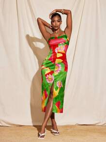 Eva Novielli Tropical Printed Satin Spaghetti Straps High Split Bustier Midi Dress Women Summer Vacation - Multicolor - View 4