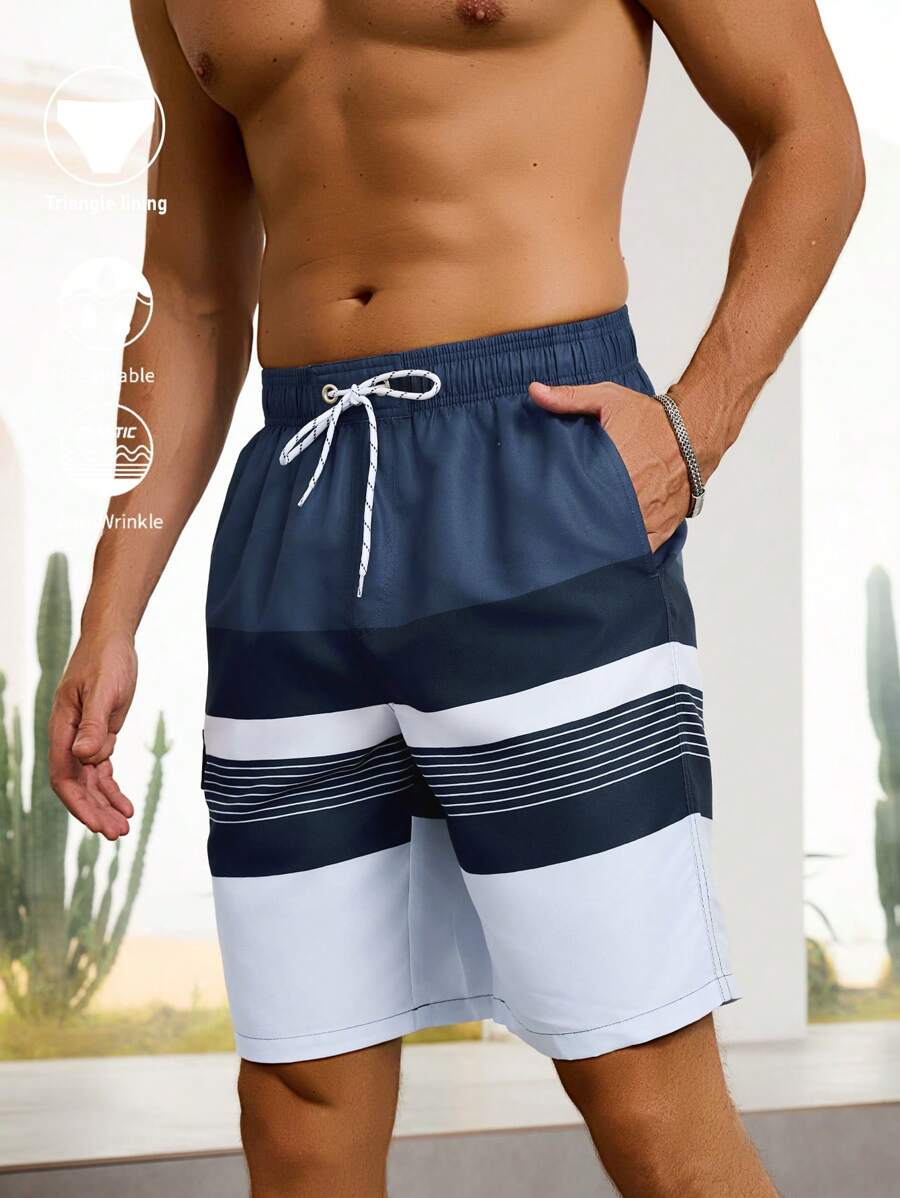 Surfspeed Men's Elastic Waist Drawstring Striped Pocket Casual Beach Shorts, Hawaiian - Royal Blue - View 1