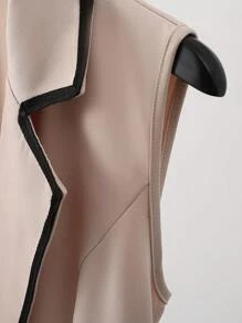 Franclia 时尚优雅休闲西装外套翻领无袖收腰撞色半身裙套装两件套，适合大学穿着 - 卡其色 - 查看 3