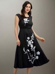 SHEIN Clasi Plus Size Women's Round Neck Sleeveless A-Line Midi Dress, Elegant Casual Summer Party Dress