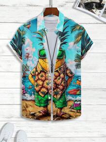Manfinity RSRT Men's Cartoon Pineapple Print Front Button Holiday Short Sleeve Shirt, Summer - Multicolor - View 3