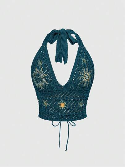 Damen Hippie Boho Bluse mit Stickerei Mond- und Sternenmuster