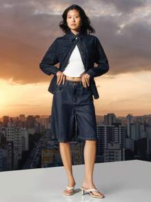 Daynim 女士休闲宽松牛仔衬衫，长袖，原色牛皮衬衫