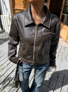 Muchica Women Casual Streetwear Autumn Zipper Placket PU Leather Jacket