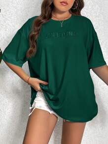 SHEIN Essnce Plus Embroidery Letter Pattern Drop Shoulder Tee Plus Size T Shirt Girls - Dark Green - View 1