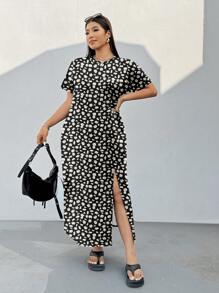 SHEIN EZwear 休闲简约夏季雏菊碎花短袖弹力宽松开衩大码连衣裙 - 彩色 - 查看 5