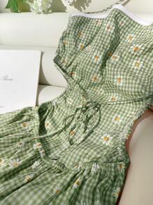 Comfortcana Summer Casual Green Plaid & Daisy Print Backless Jumpsuit For Women - Green - View 6