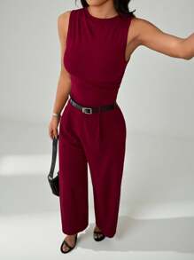 SHEIN PETITE 1pc Women's Burgundy Pleated Wide Leg Loose Jumpsuit With Belt, Casual Style - Burgundy - View 6