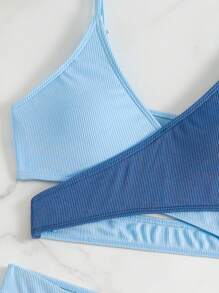 2pcs Tween Girl Girls Ribbed Tankini Swimsuit Set Teen Girls Bikini Sets Blue Teen Swimsuit Blue Bathing Suits Teen Blue Two Piece Swimsuits For Teens Blue Teen Bikini - Blue - View 4