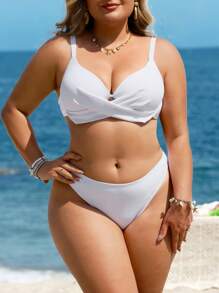 SHEIN Swim Curve Plus Size Women's Simple Solid Crisscross Front Tie Up Backless White Bikini Set, Suitable For Beach Holiday For Summer Beach Vacation