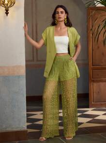 ZEYLAH Pantalones sueltos de encaje de pierna recta para vacaciones de mujer, primavera/verano - Verde - Ver 6