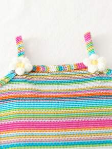 Playful Pals 2pcs/Set Young Girl Casual Colorful Stripe Tassel 3D Floral Decor Camisole & Flare Pants Set, Suitable For Spring/Summer, Outings, Travel, Photography, Parties, And Daily Wear