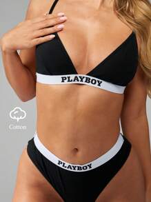 Missguided x Playboy 现代运动文胸丁字裤套装配套内衣套装高腰三角裤运动两件套休闲内衣套装 - 黑色 - 查看 6